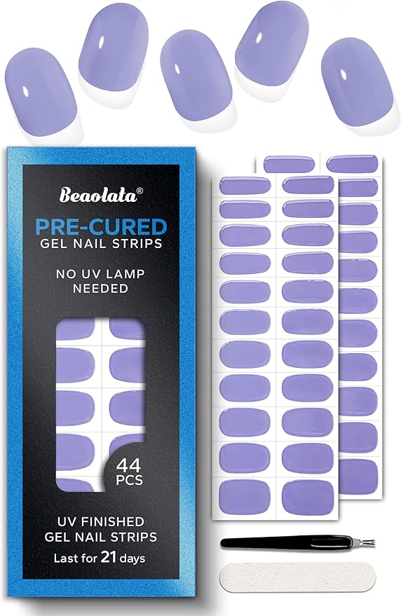 Pre Cured Gel Nail Strips - 44PCS Salon Quality Gel Nail Stickers - Long Lasting Polish Wraps for Women no UV Light Needed Easy Apply& Remove (Royal Purple)