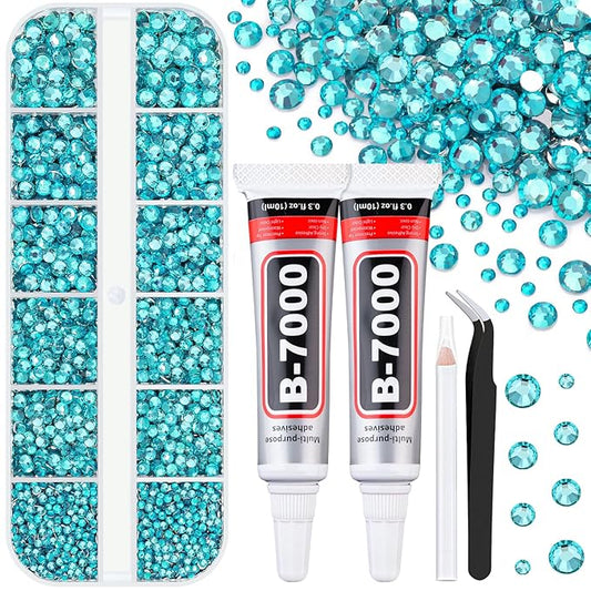 6100Pcs Resin Rhinestones for Crafting with 2Pcs 10ml B7000 Jewelry Glue, 1 Box Flatback Crystals Diamond (Teal Blue) for Bedazzling Crafts DIY Nail Art，Non Hotfix Gems for Clothing Shoes Tumblers