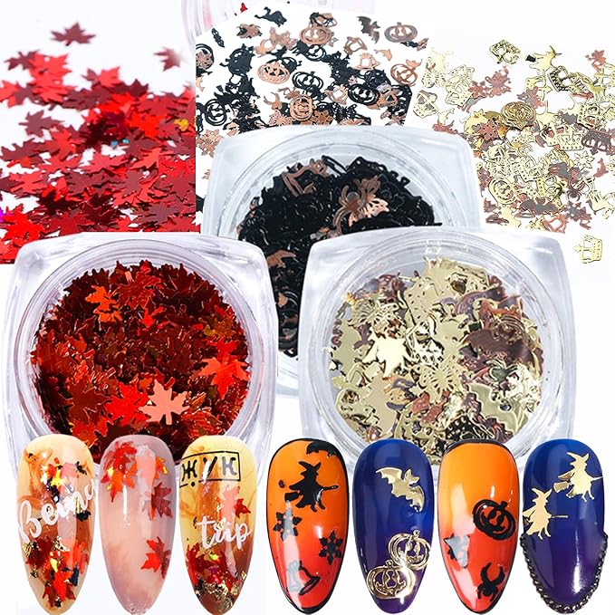 Halloween Nail Art Glitter 3D Nail Sequins, Holographic Day of The Dead Laser Sparkly Flakes Design, Bat Witch Pumpkin Elk Snowflake Nail Decoration for Nail Stickers, Holiday Nail Supplies (3 Boxes)