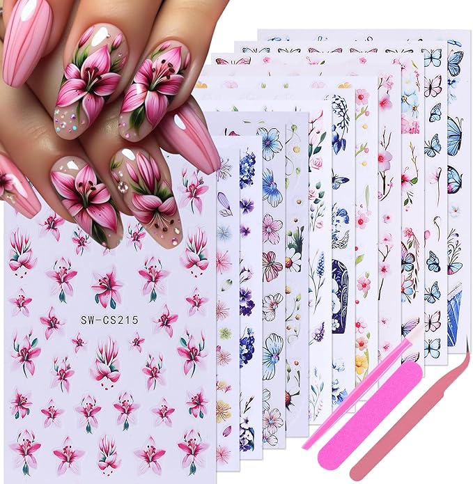 Flower Stickers for Nail Art Decals - 12 Sheets Spring Butterfly Nail Stickers with Tweezers 3D Floral Leaves Plant Nail Art Designs DIY Self Adhesive Daisy Blossom Nail Supplies Decorations
