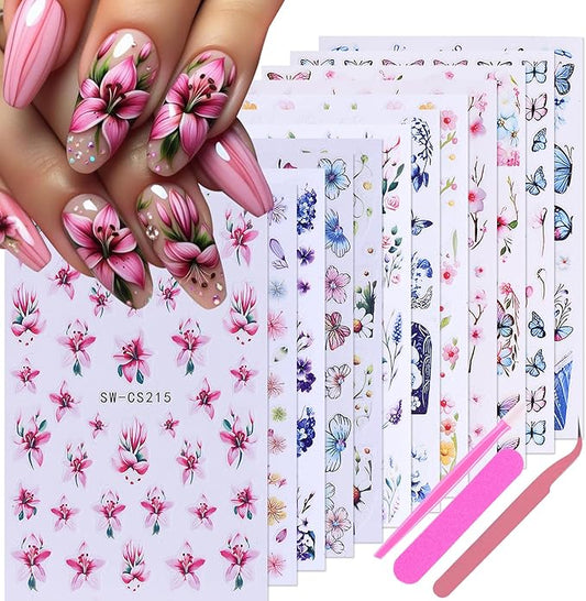 Flower Stickers for Nail Art Decals - 12 Sheets Spring Butterfly Nail Stickers with Tweezers 3D Floral Leaves Plant Nail Art Designs DIY Self Adhesive Daisy Blossom Nail Supplies Decorations
