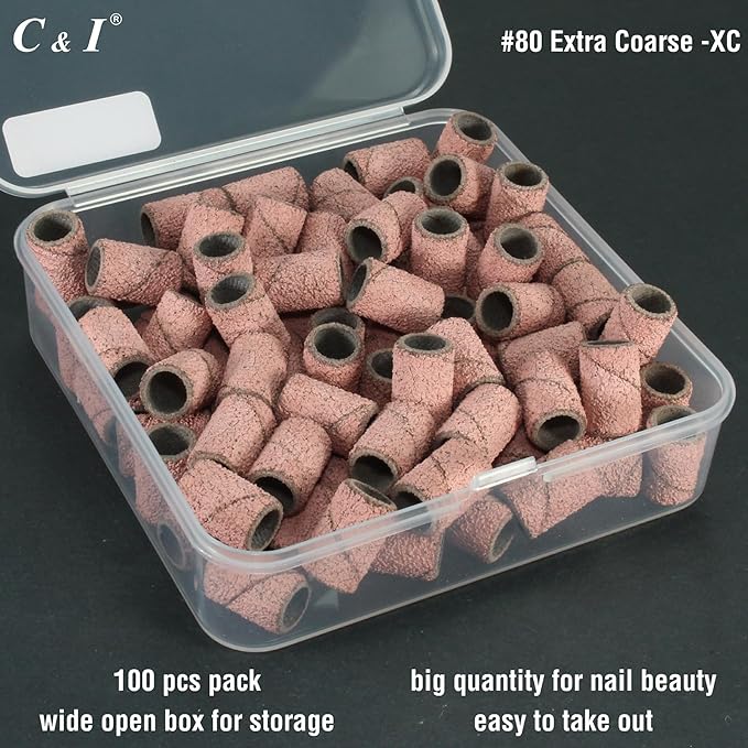 C & I Nail Sanding Bands 100 PCS Plus Upgrade Mandrel 1 PC, Nail Drill Bits for Acrylic Gel Nails Remove, Natural Nails Buffer for Nail Prep and Nail Shiner (Pink, #80 Extra Coarse)