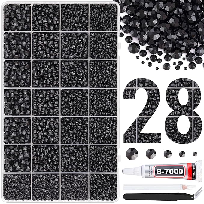 30000Pcs Resin Rhinestones for Bedazzling with B7000 Jewelry Glue, Black Flatback Gems Rhinestones for Crafting, Clothing Tumblers Mugs Shoes Fabric Decor Nail Art