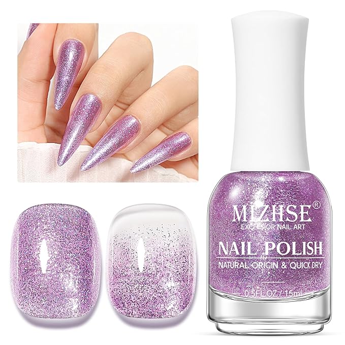 MIZHSE Quick Dry Glitter Purple Nail Polish, Shimmery Nail Polish Air Drying Fast, 15ml High Glossy Sparkly Shiny Nail Art Salon Manicure Home