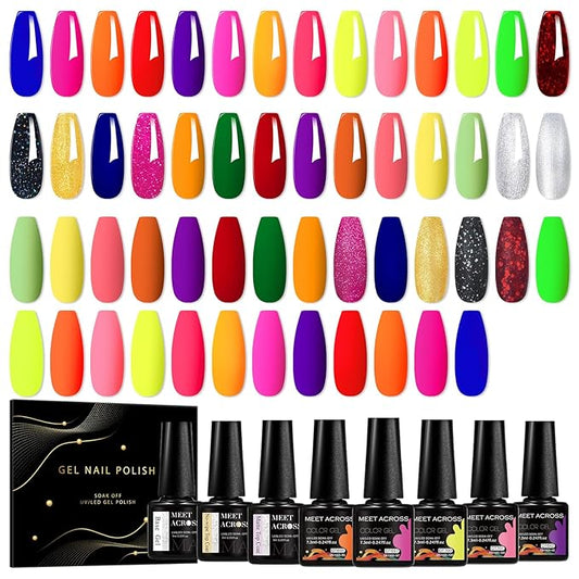 MEET ACROSS 30pcs Gel Nail Polish Set,Soak Off UV LED Lamp Gel Nail Polish Kit,Fashion Shimmer Nail Art Design Gifts for Women Manicure Salon (Neon)