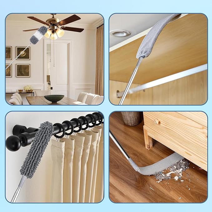 Retractable Gap Dust Cleaner, Feather Duster Set & 27-80 inch Extendable Long Handle, Retractable Duster Brush for Cleaning Under Appliances Sofa Couch Bed Refrigerator Furniture