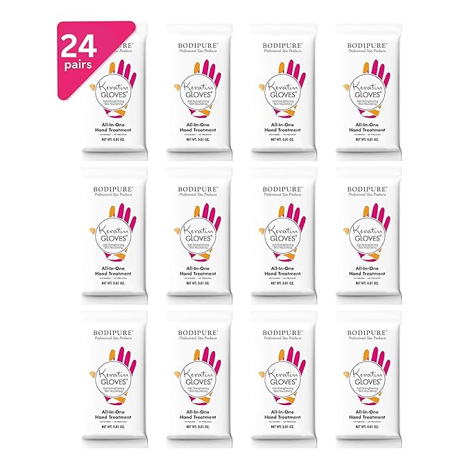 Bodipure All-In-1 Moisturizing Hand Mask Gloves – Keratin & Vitamin E Treatment for Dry Cracked Hands, Deep Hydration Repair Gloves, Strengthen Nails & Soften Cuticles, Spa Hand Care 24 Pairs