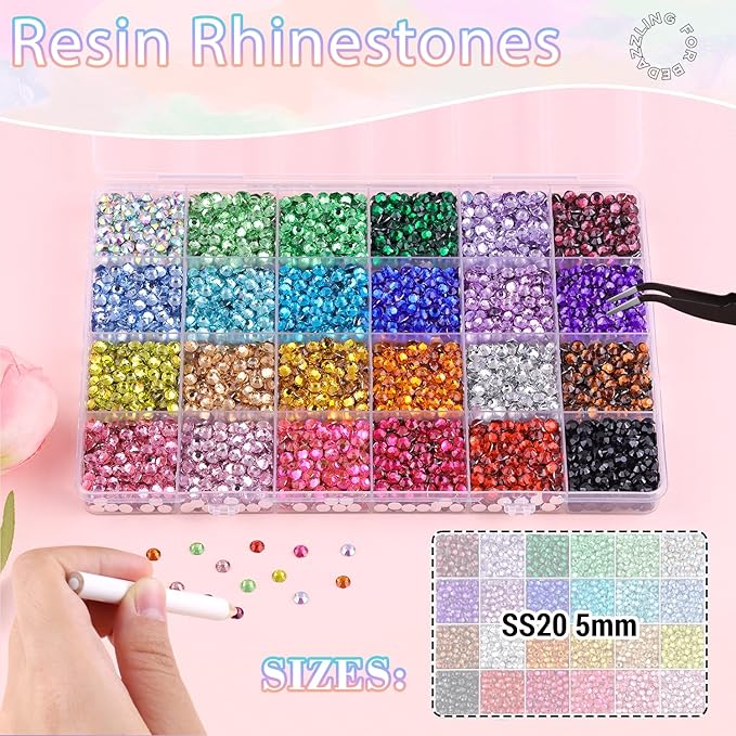 6600Pcs Resin Rhinestones for Bedazzling with B7000 Jewelry Glue, Multicolor 5mm Flatback Gems Rhinestones for Crafting, Clothing Tumblers Mugs Shoes Fabric Decor Nail Art