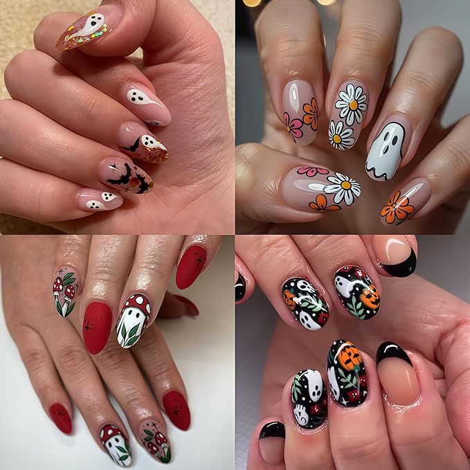 8 Sheets Halloween Nail Stickers Ghost Mushroom Nail Art Stickers Daisy Ghost Nails Decals Pumpkin Spider Colorful Holiday Nail Art Supplies Adhesive Halloween Sticker for Women Nail Art Decorations