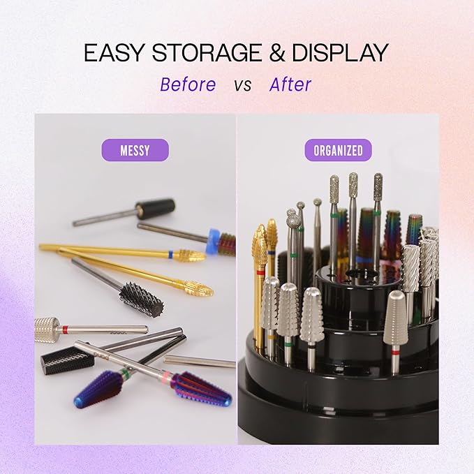 PANA Round Cake Tier Nail Drill Bit Holder Display Organizer Case - Dustproof Carbide Bit Storage Container Box For Manicure Tools Nail Salon - 48 Holes Black (Drill Bits Not Included)
