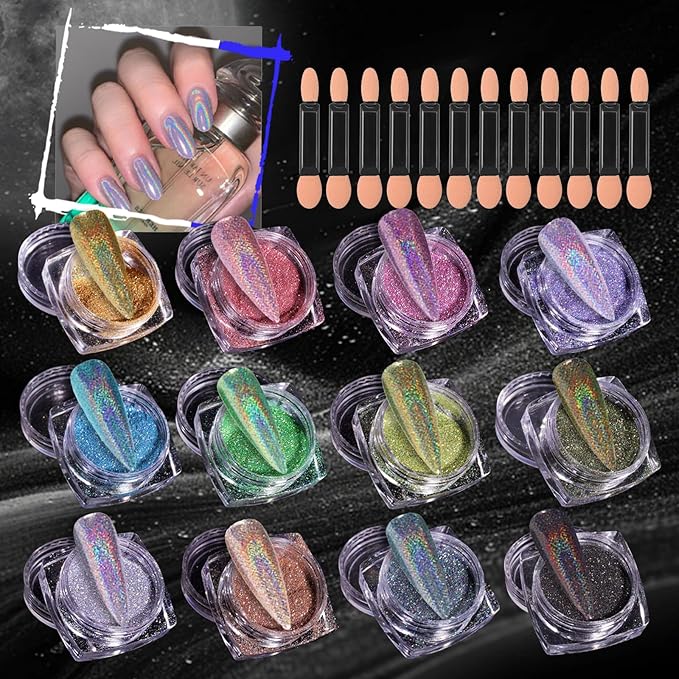 12 Jars Holographic Nail Powder, Chrome Nail Powder Kit Black Blue Ultra Fine Glitter Powder Set, Rainbow Neon Pigment Manicure Glitter Dust with 12 Pcs Dual Sides Sponge Applicators