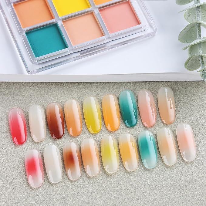 Nail Pigment Powder - 9 Colors Ombre & Gradient Nail Art Design Kit - Includes 5 Sponge Sticks & 1 Brush - Neon Powder for DIY Manicure Beginners