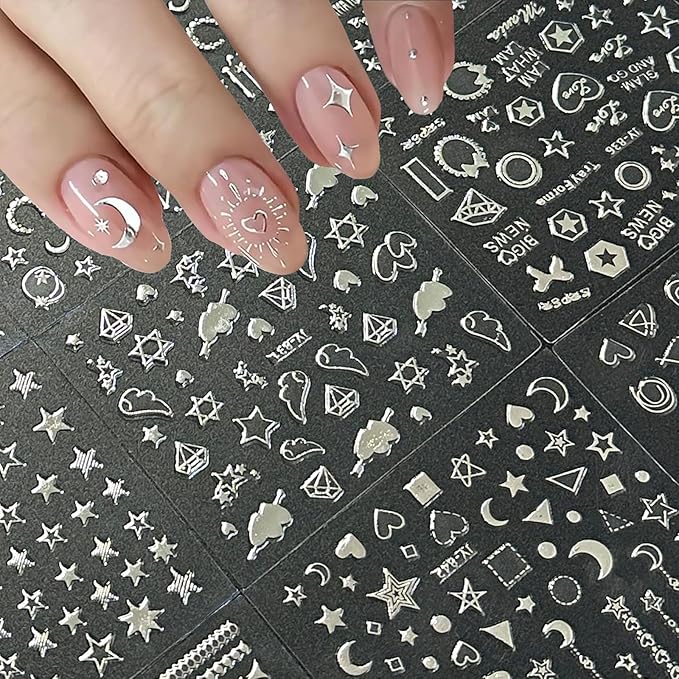 30 Sheets Silver Nail Art Stickers 3D Self Adhesive Sliver Line Nail Decals Silver Nail Sticker for Nail Art Silver Heart Star Nail Art Supplies Silver Nail Design for Acrylic Nails for Women Girls