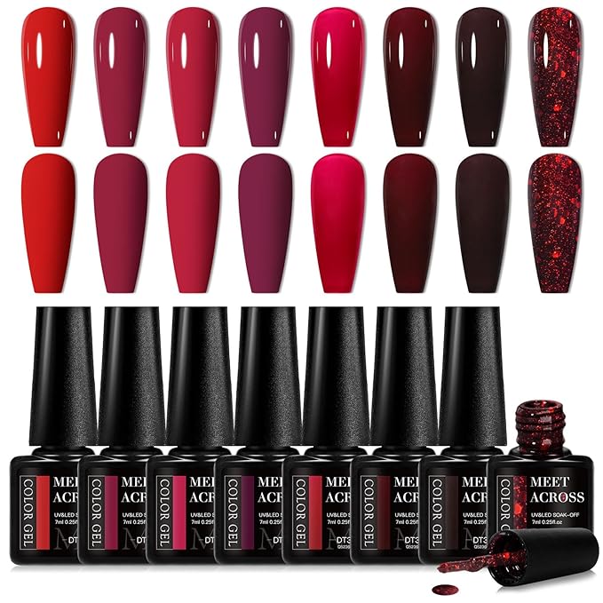 MEET ACROSS Red Gel Nail Polish Set, 8 Colors Bloody Mary Collection Shimmer Red Burgundy Gel Polish Kit Nail Art Design Soak Off Uv LED Gel Nail Kit Minicure DIY Home Gifts for Mom