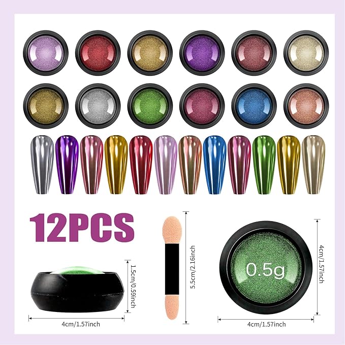 Chrome Nail Powder, 12 Colors Metallic Mirror Powder Gold Silver Blue Purple Red Pink Brown Nail Art Decoration Glitter for DIY Nail Supplies, 1g/Jar, 12 Sponge Sticks