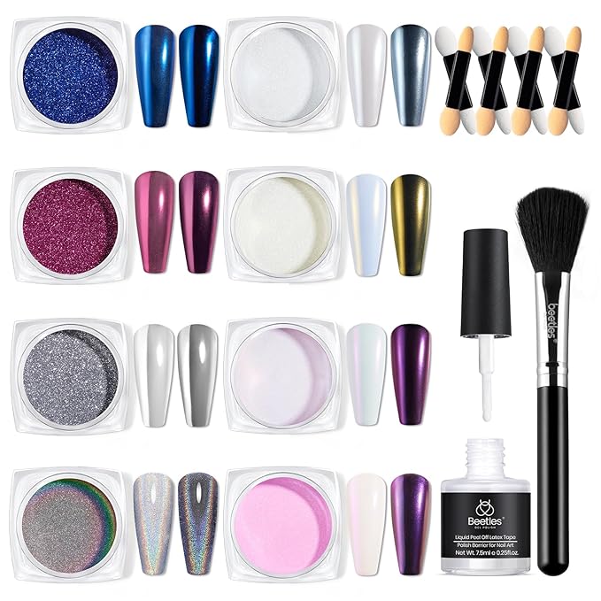 Beetles Chrome Nail Powder 8 Colors Metallic Mirror Effect Chrome Nail Powder with Liquid Latex Tape Kit,White Silver Pigment Iridescent Mermaid Glitter Pink Blue, Gel Polish Decoration Gift for Women
