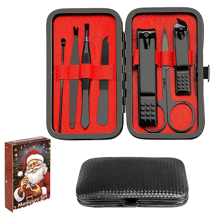 Christmas Stocking Stuffers Nail Clippers for Men Manicure Kit Nail Tweezers Professional Stainless Steel with Leather Travel Case for Boyfriend Husband College Dorm Essentials Tool Set 7 in 1 Black