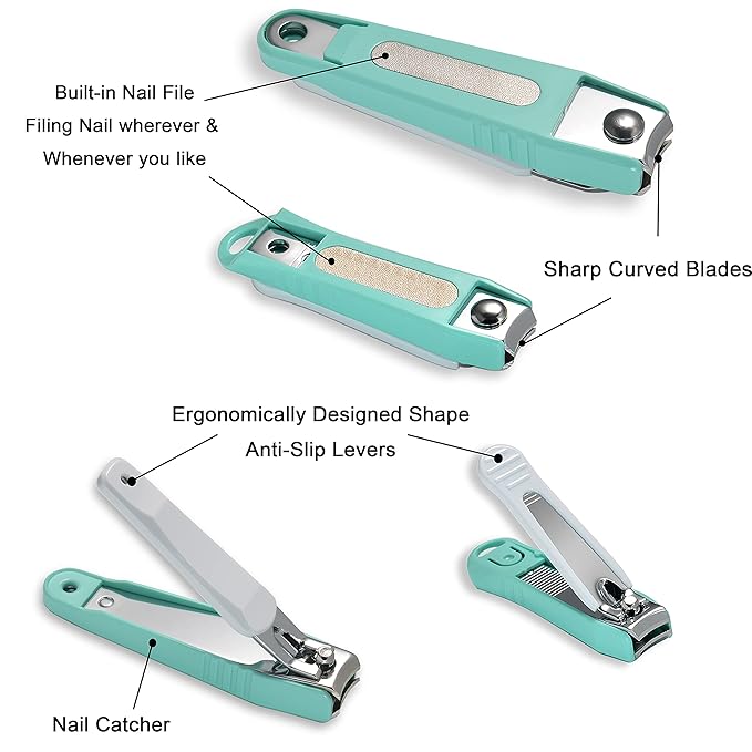 PAFASON Ultra Sharp Stainless Steel Nail Clipper Trimmer Cutter Set with Built-in Nail Catcher & Glass Nail File 3 Pack Fingernail & Toenail Clippers for Men & Women