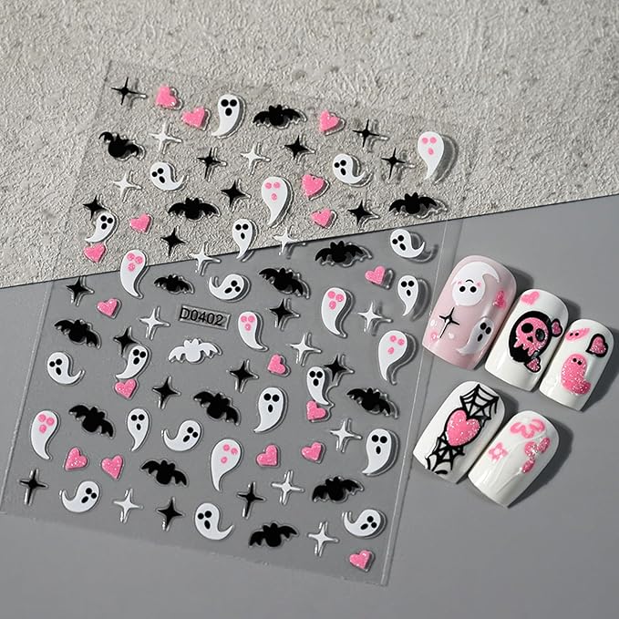6 Sheets Halloween Nail Art Stickers Cute Ghost Bats Spiders Flame Pink Glitter French Nails Stickers Spiders Web Love Heart Design Nail Art Decals for Women Girls DIY Halloween Nails Decoration
