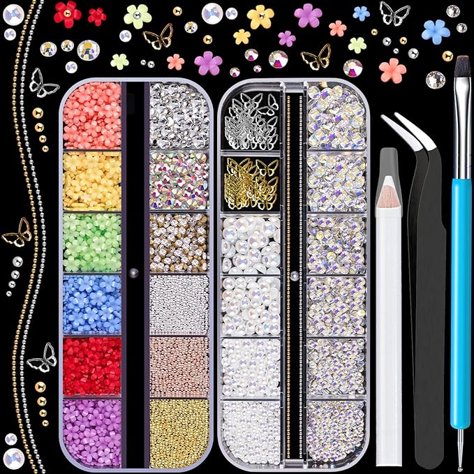 3D Nail Charms, Butterfly Colorful Acrylic Flower Starry AB Gemstones Caviar Beads Half Round Pearl, Flat Back Glass Crystal AB + Clear Round Rhinestones for Nails with Pickup & Dotting Tools