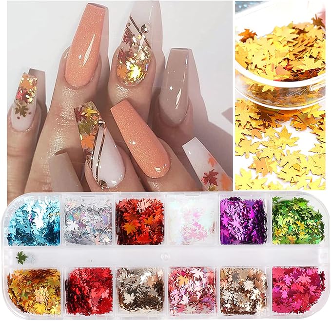 12 Colors Fall Nail Art Stickers Maple Leaf Nail Glitter Sequins 3D Nail Art Accessories Autumn Leaf Shape Flakes Holographic Gold Red Maple Leaves Paillettes Designs Acrylic Nails Supply Kit
