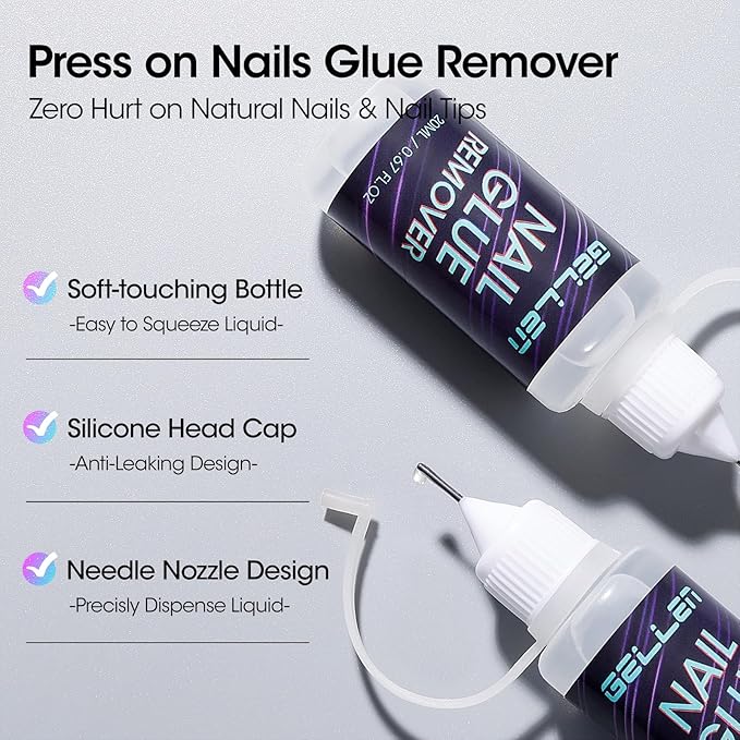 Gellen Nail Glue Remover, Non Acetone Press On Nail Remover for Quick Dry Strong Brush Bond, 10s Fast Gentle Removal Solid Gel & UV Gel, Glue Off for Fake Nail Tips with Stick, 0.67 Fl.oz