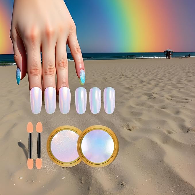 2 Pcs Mermaid Chrome Nail Powder Kit- 2 Colors Neon Effect Iridescent Nails Powder, Aurora Holographic Nail Glitter Rainbow Mica Powders Chrome Nail Art Dust Tip Manicure Pigment