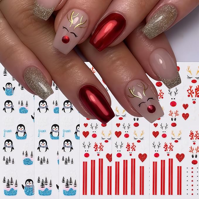 6 Pcs Christmas Nail Art Stickers 3D Self-Adhesive Glitter Christmas Snowflake Elk Blue Penguin Nail Decals Winter Christmas Tree Nail Design Red Glitter Elk Nails Supplies for Women DIY Manicure