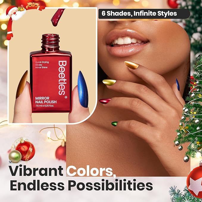 Beetles Chrome Mirror Nail Polish Set - Jingle Jewels 6 Colors Quick-Drying Glossy Metallic Nail Polish Shiny Chrome Effect Fingernail Polish DIY Nail Art Christmas Gift for Women Salon Home