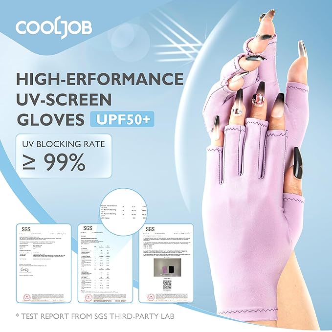 COOLJOB Anti-UV Gloves for Nail Lamp, Professional UPF50+ UV Protection Glove for Manicures, Art Skin Care Fingerless, Women Men Protect Hands from Sun and Nail Dryer Harm, Purple, 1 Pair