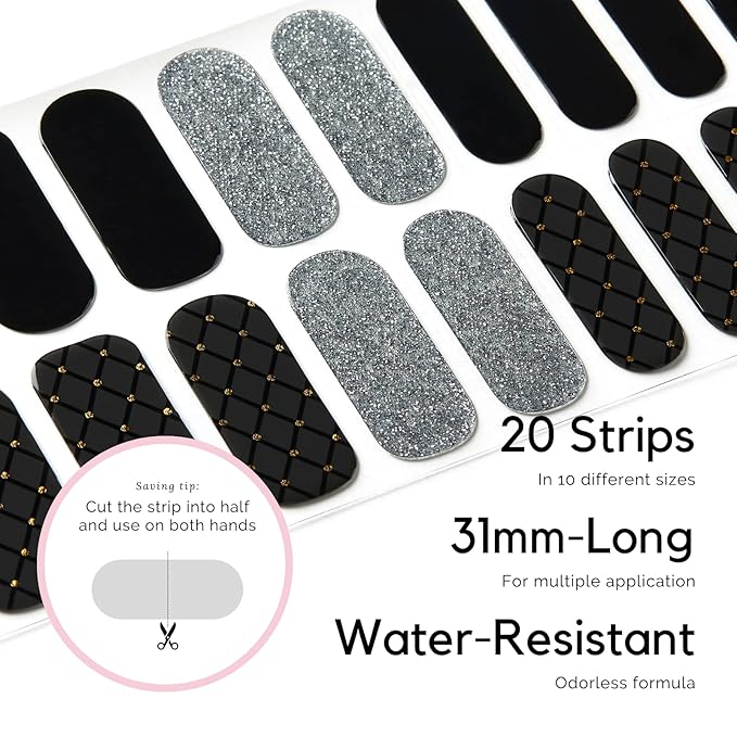 NAILOG Semi Cured Gel Nail Strips (20 Extra Long Stickers/Wraps) | Buy 2 Get 1 UV Lamp| Glossy & Long Lasting Soft Gel Finishing, Black Pearl