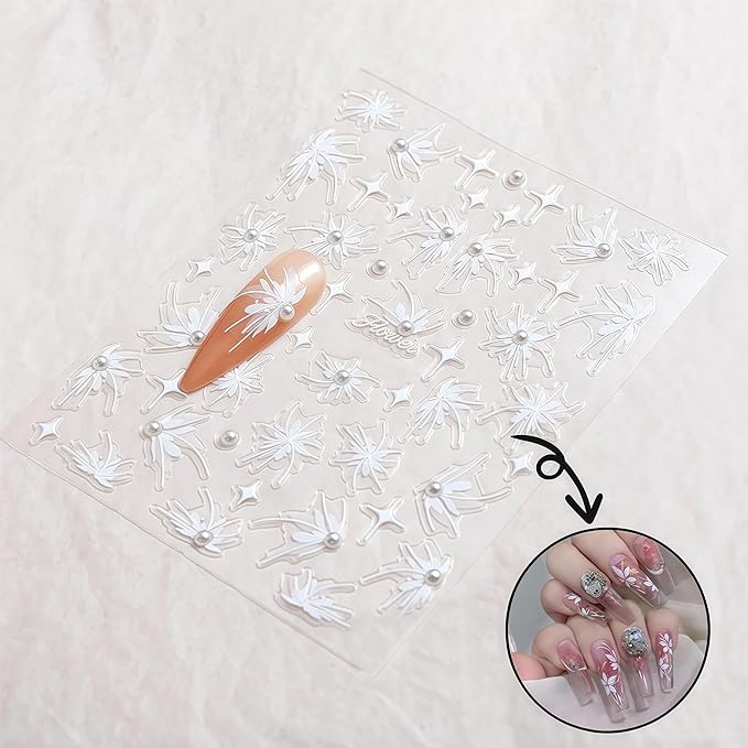 2 Sheets Green White Snow Mowing Flower Nail Art Stickers 5D Embossed Self-Adhesive Pearl Flower Stickers White Feather Lace Design Suitable for Ladies Girls Nail Art Decoration