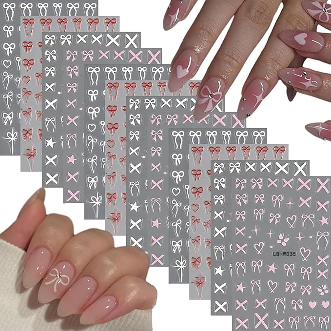 Bows Nail Art Stickers Heart Nail Decals Pink White Red Nail Stickers Bow Tie with Design Nail Decals for Nails Art Valentine's Day Manicure DIY for Women Girls Acrylic Nails Supplies