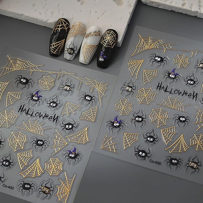 Halloween Nail Art Stickers 5D Embossed Nail Decals Gold Spider Web Nail Stickers Halloween Spider Nail DIY Supplies Decorations for Women (1 Sheet)