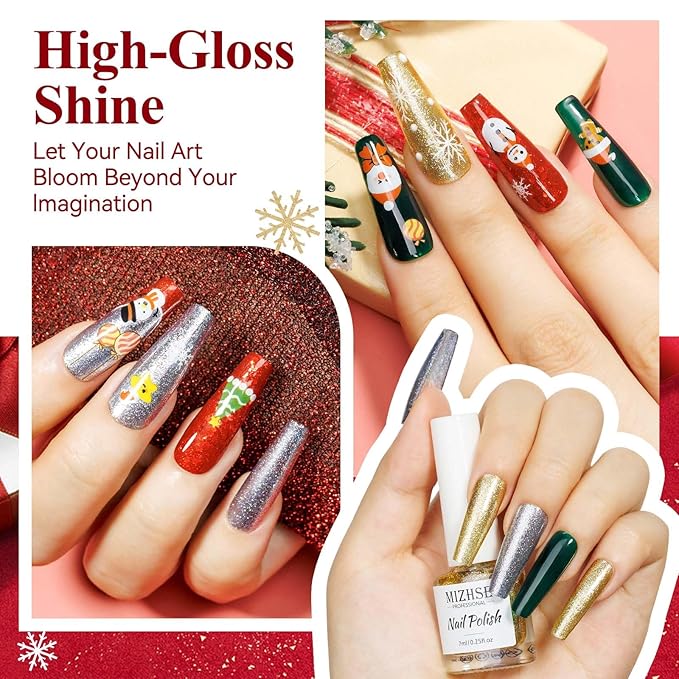 MIZHSE Quick Dry Nail Polish Set with Sticker, 6 Colors Red Green White Gold Sliver Sparkle Polish, Fast Drying Nail Polish Set Winter Manicure Christmas Gift for Women