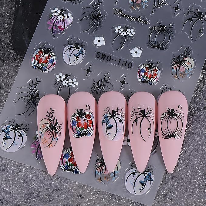 Halloween Nail Art Stickers, Halloween Pumpkin Nail Decals 3D Embossed with Grass Flowers Star Design 2PCS Pumpkin Nail Art Supplies for Women Decoration