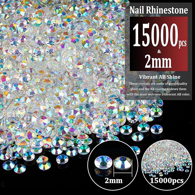 15000pcs 2mm Resin Rhinestones Bulk, Transparent AB Flatback Round Jelly Rhinestones Bedazzling Non Hotfix Crystal Gems Large Quantity Wholesale for DIY Crafts Clothes Tumblers Face Makeup Manicure