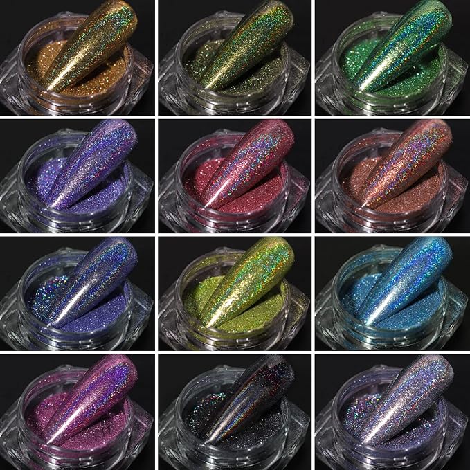 12 Jars Holographic Nail Powder, Chrome Nail Powder Kit Black Blue Ultra Fine Glitter Powder Set, Rainbow Neon Pigment Manicure Glitter Dust with 12 Pcs Dual Sides Sponge Applicators