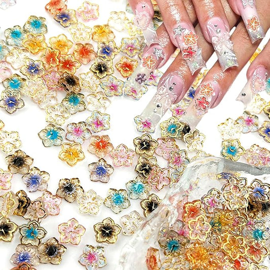 56Pcs Colorful Flower Nail Charms Clear Colour Crystal Nail Charms for Nails 3D Acrylic Gems Nail Supplies Luxury Gold Edge Nail Rhinestones Design Cute Glitter Nail Art Charms for Women Girls DIY