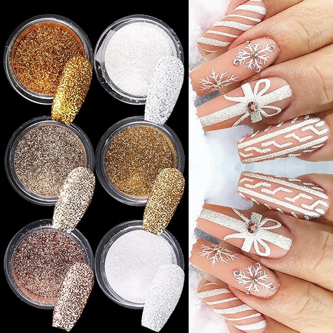 6 Colors Nail Glitter Set, White Gold Sugar Nail Glitter Candy Coat Powder, Sparkle Winter Sweater Design Manicure Decor