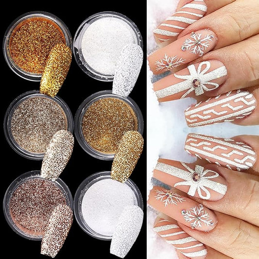 6 Colors Nail Glitter Set, White Gold Sugar Nail Glitter Candy Coat Powder, Sparkle Winter Sweater Design Manicure Decor