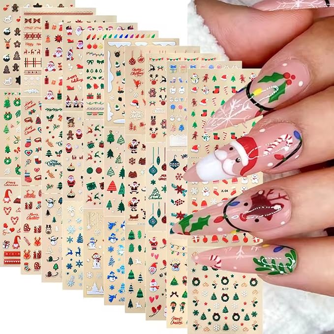 30 Sheets Christmas Nail Art Stickers Decals 3D Self Adhesive Christmas Nail Decals Santa Claus Elk Snowman Christmas Tree Nail Decorations Winter Nail Stickers for Women DIY Acrylic Nail Supplies