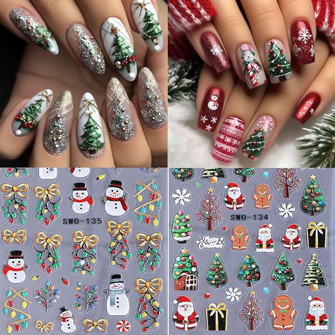4pcs Christmas Light Strips Nail Art Stickers 5D Embossed Nail Decals Green Christmas Tree & Cute Gingerbread Man Design Xmas Nail Sticker DIY Santa Claus Snowflake Elk Snowman Manicure Decoration