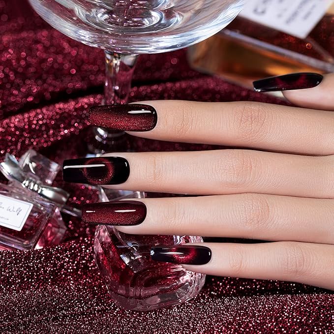 RARJSM Burgundy Cat Eye Gel Nail Polish Diamond Dark Black Red Cateye Velvet Glitter Gel Polish 15ml Single Bottle with Magnet Stick UV LED Curing Requires Soak Off for Home Salon Christmas Manicure
