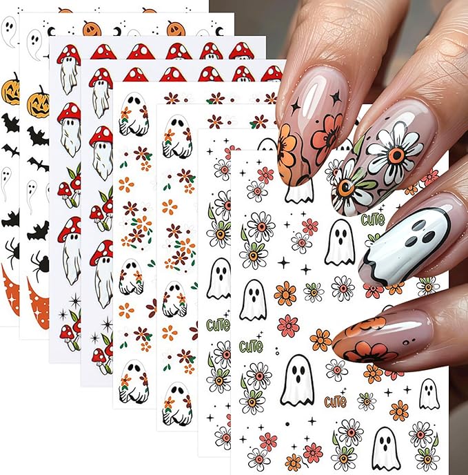 8 Sheets Halloween Nail Stickers Ghost Mushroom Nail Art Stickers Daisy Ghost Nails Decals Pumpkin Spider Colorful Holiday Nail Art Supplies Adhesive Halloween Sticker for Women Nail Art Decorations