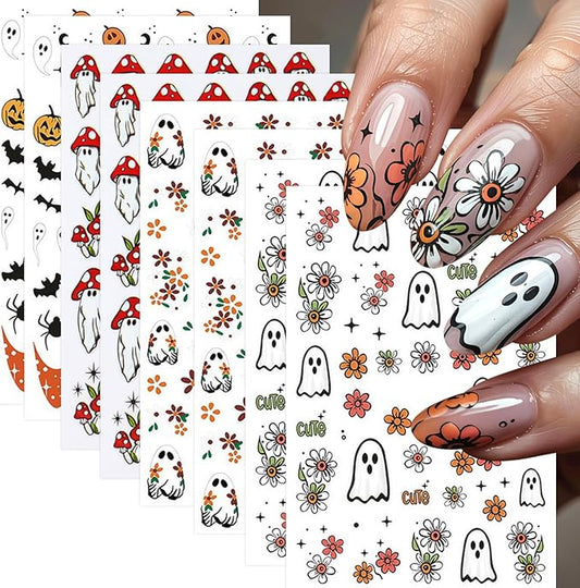 8 Sheets Halloween Nail Stickers Ghost Mushroom Nail Art Stickers Daisy Ghost Nails Decals Pumpkin Spider Colorful Holiday Nail Art Supplies Adhesive Halloween Sticker for Women Nail Art Decorations