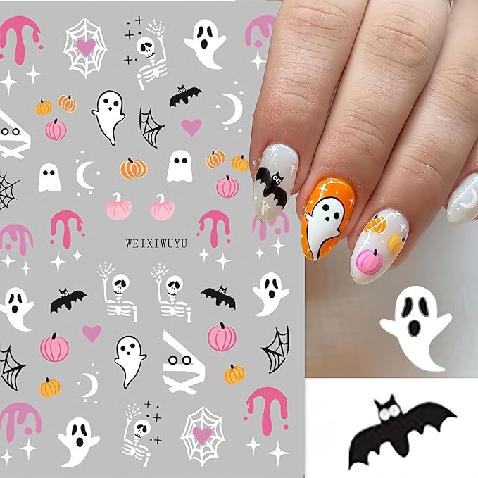 6 Pcs Halloween Nail Art Stickers Cute Ghost Pumpkin 3D Self-Adhesive Nail Decals Scary Bat Black Cat Spider Web Pattern Nail Decals for Women Girls DIY Nail Designs Supplies for Halloween Party