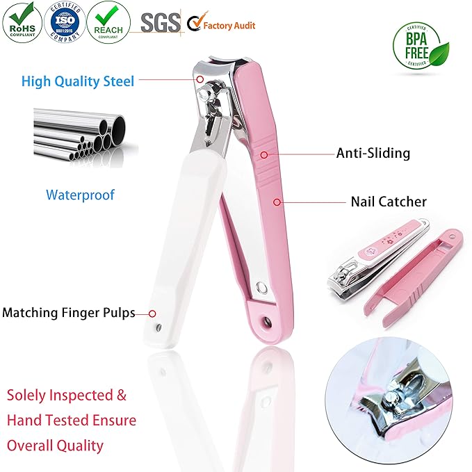 PAFASON Ultra Sharp Stainless Steel Nail Clipper Trimmer Cutter Set with Built-in Nail Catcher & Glass Nail File 3 Pack Fingernail & Toenail Clippers for Men & Women