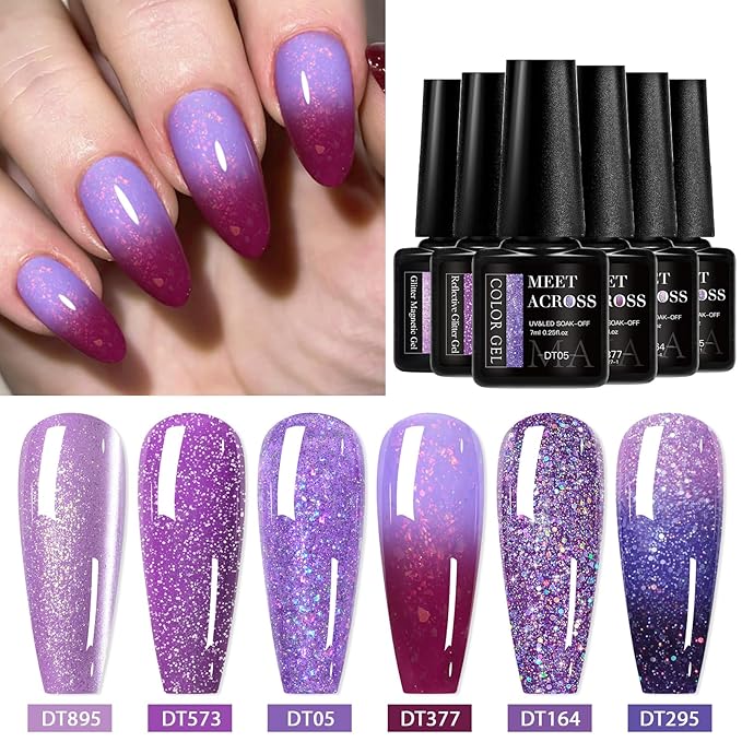 MEET ACROSS Gel Nail Polish Set 6 Pcs Glitter Colors Gel Nail Kit Art Design Soak Off UV LED (SET-12, 6pcs)