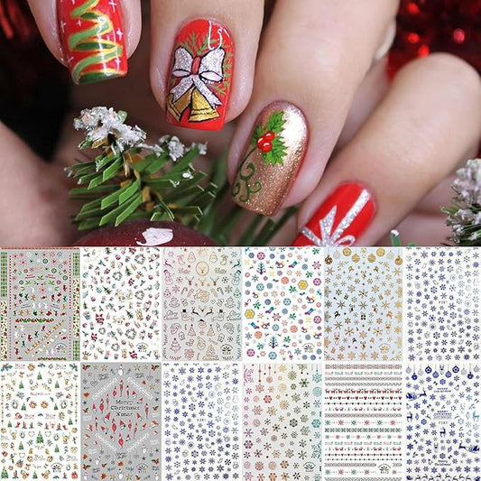 1500+ Patterns Christmas Nail Art Stickers Decals, Kalolary Self-adhesive Nail Stickers Santa Claus Snowflake Snowman Christmas Bell Tree Stick Elk for Christams Nail Decorations (12 Sheet Large Size)